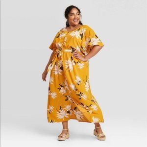Ava & Viv Women’s Hawaiian Floral Print Maxi Dress, Gold Floral Size 0X